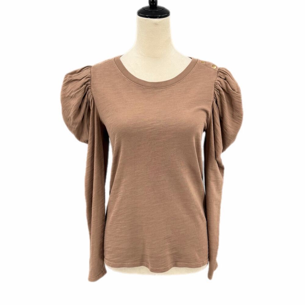 Nation LTD Krista Feminine Tee Sahara Tan Shoulder Button Puff Long Sleeve Top